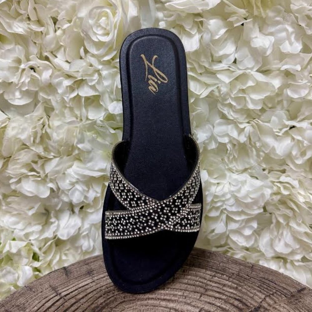 Black Sandal with Gold and Black Gem Detailing